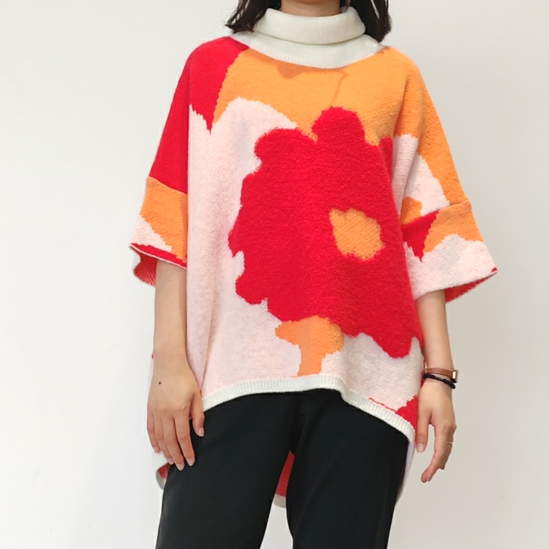 Front Short Back Length High Neck Floral Polyester Fiber Sweater