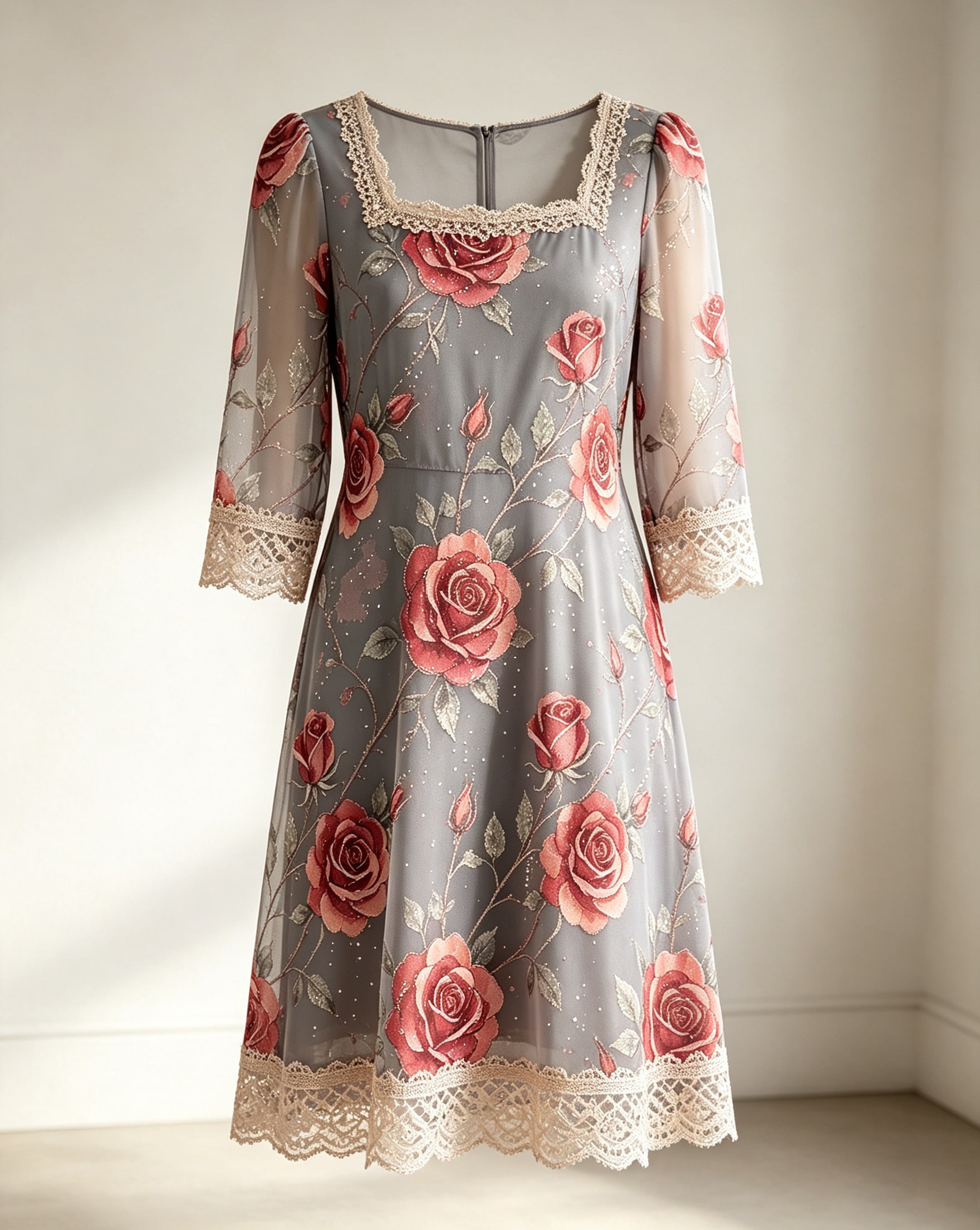 Viscose‑Blend Midi Dress With Hot‑fix Rhinestone & Lace Trims - Image 4