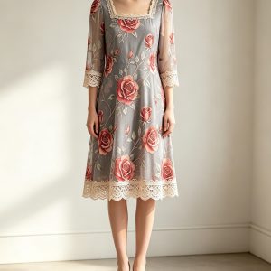 Viscose‑Blend Midi Dress With Hot‑fix Rhinestone & Lace Trims