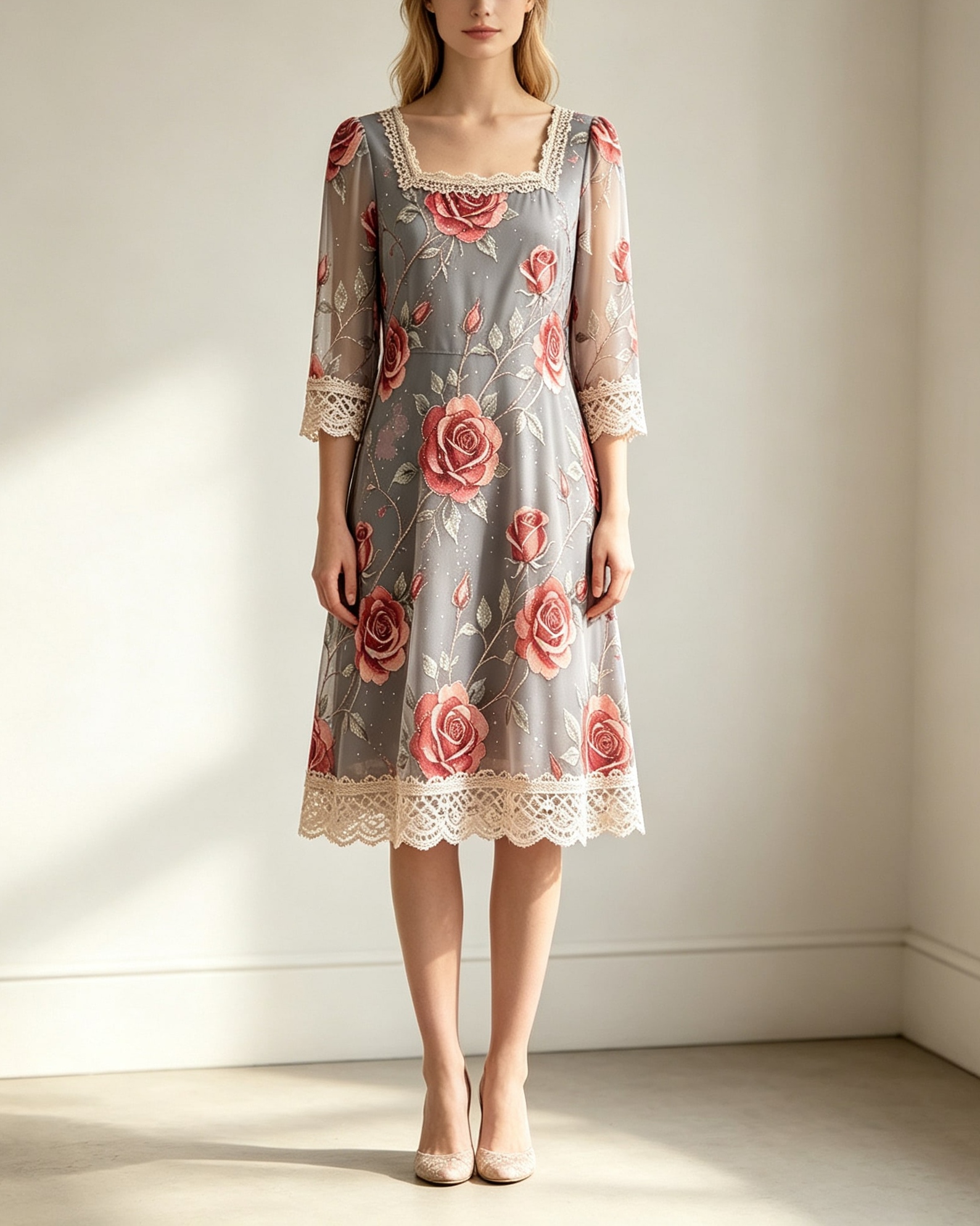 Viscose‑Blend Midi Dress With Hot‑fix Rhinestone & Lace Trims