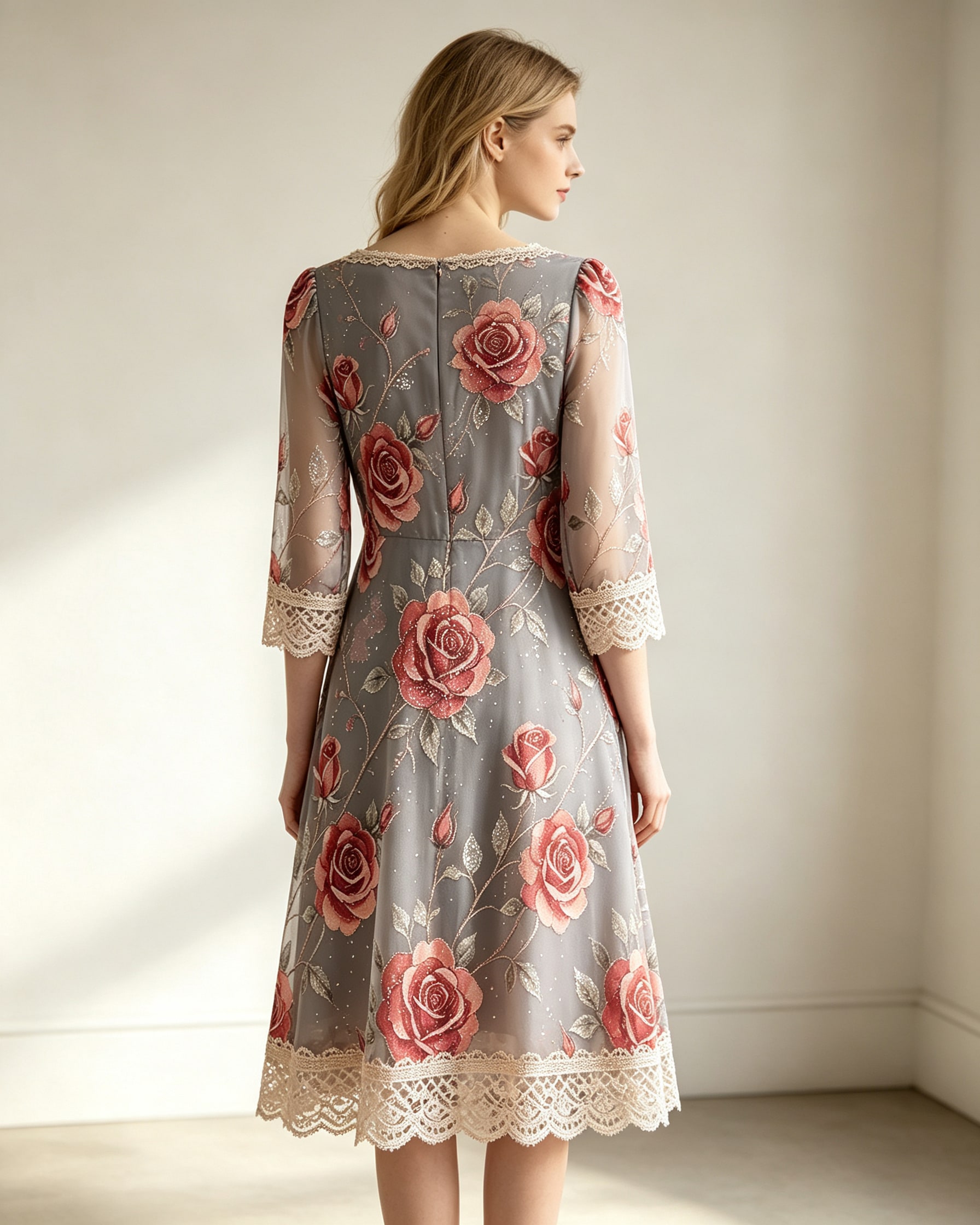 Viscose‑Blend Midi Dress With Hot‑fix Rhinestone & Lace Trims - Image 3