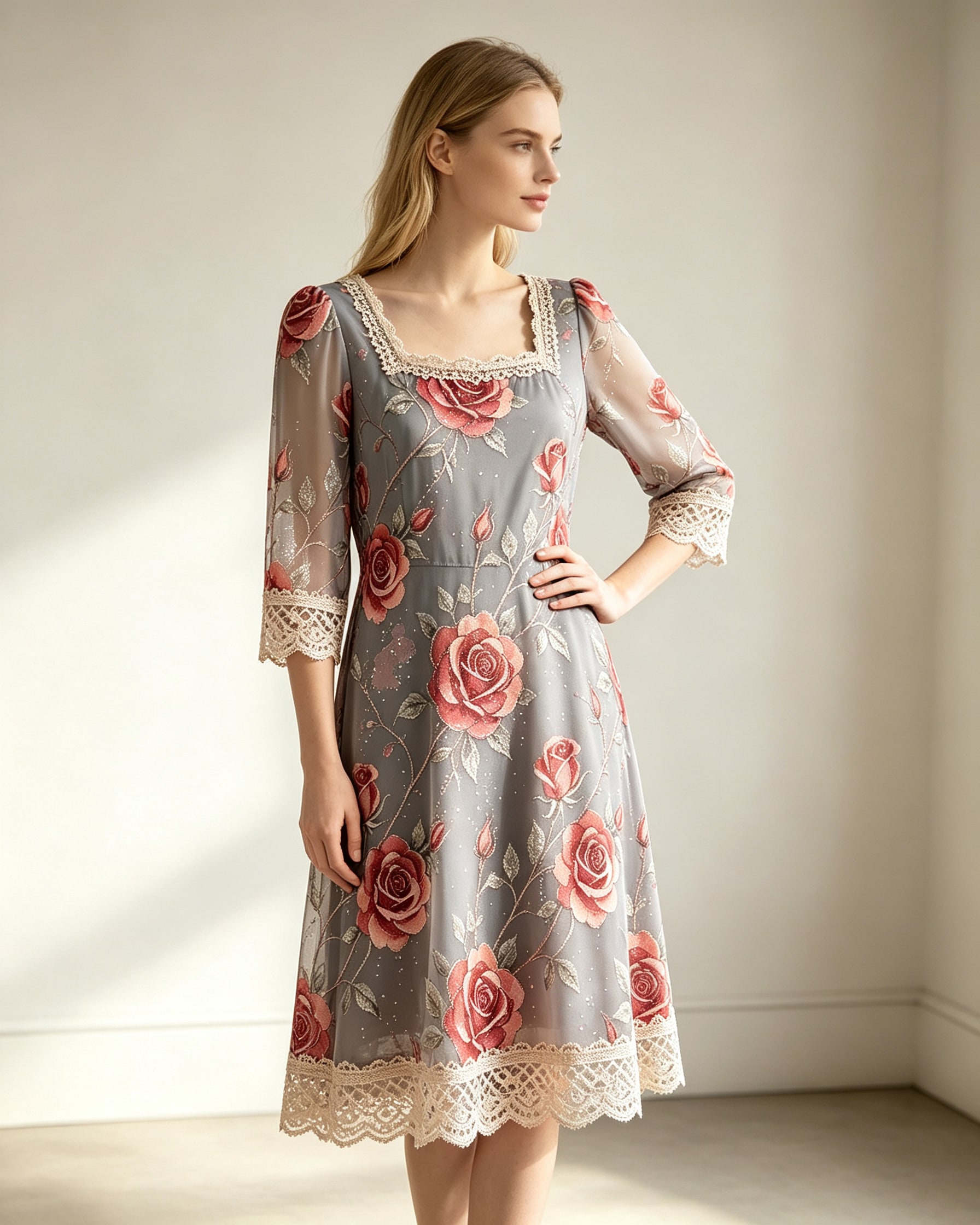 Viscose‑Blend Midi Dress With Hot‑fix Rhinestone & Lace Trims - Image 2