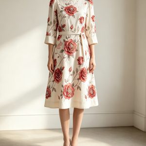 Rose Print Cotton Midi Dress With Hot‑fix Rhinestone & Floral Appliqué