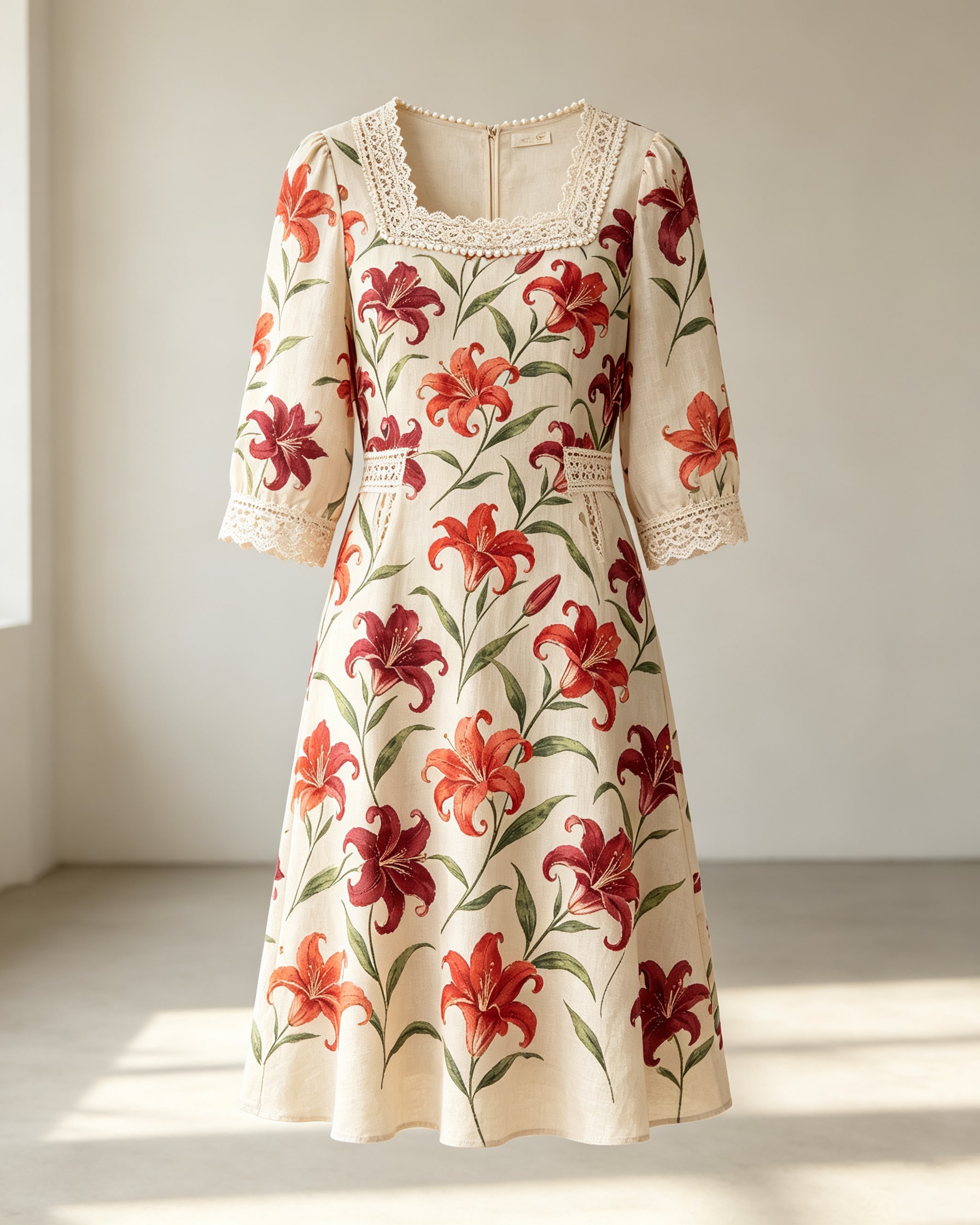 Lily Print Linen‑Blend Midi Dress With Lace & Pearl Trims - Image 3