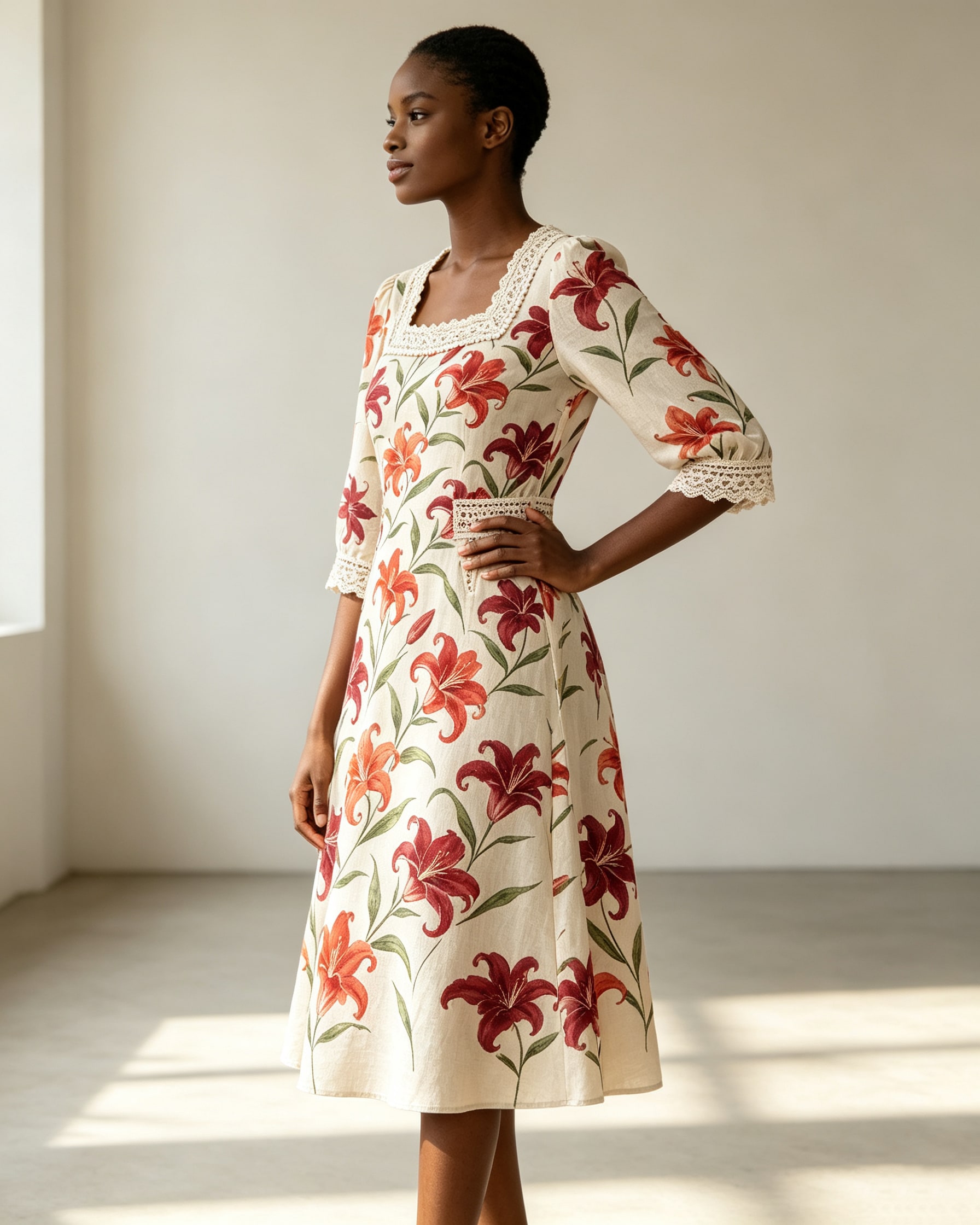 Lily Print Linen‑Blend Midi Dress With Lace & Pearl Trims - Image 2