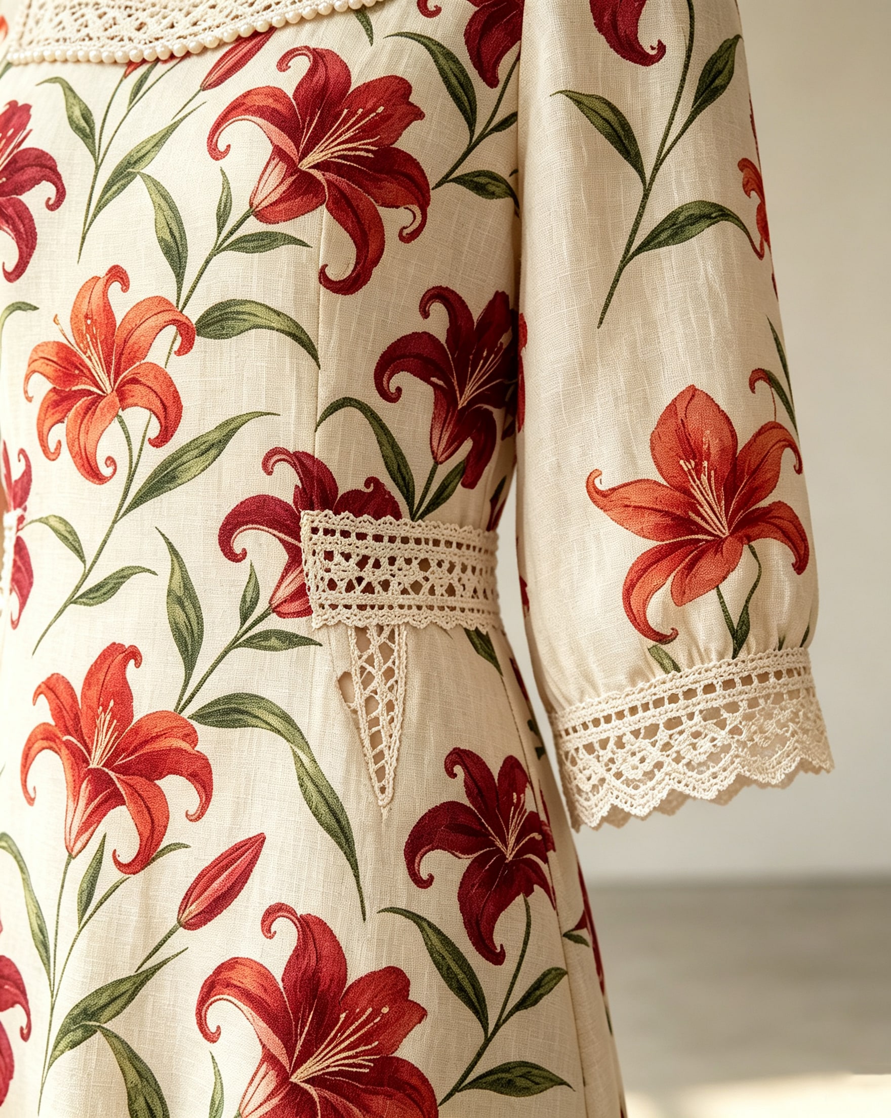 Lily Print Linen‑Blend Midi Dress With Lace & Pearl Trims - Image 4