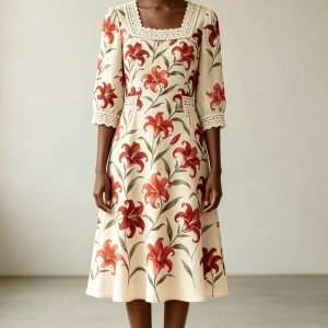 Lily Print Linen‑Blend Midi Dress With Lace & Pearl Trims