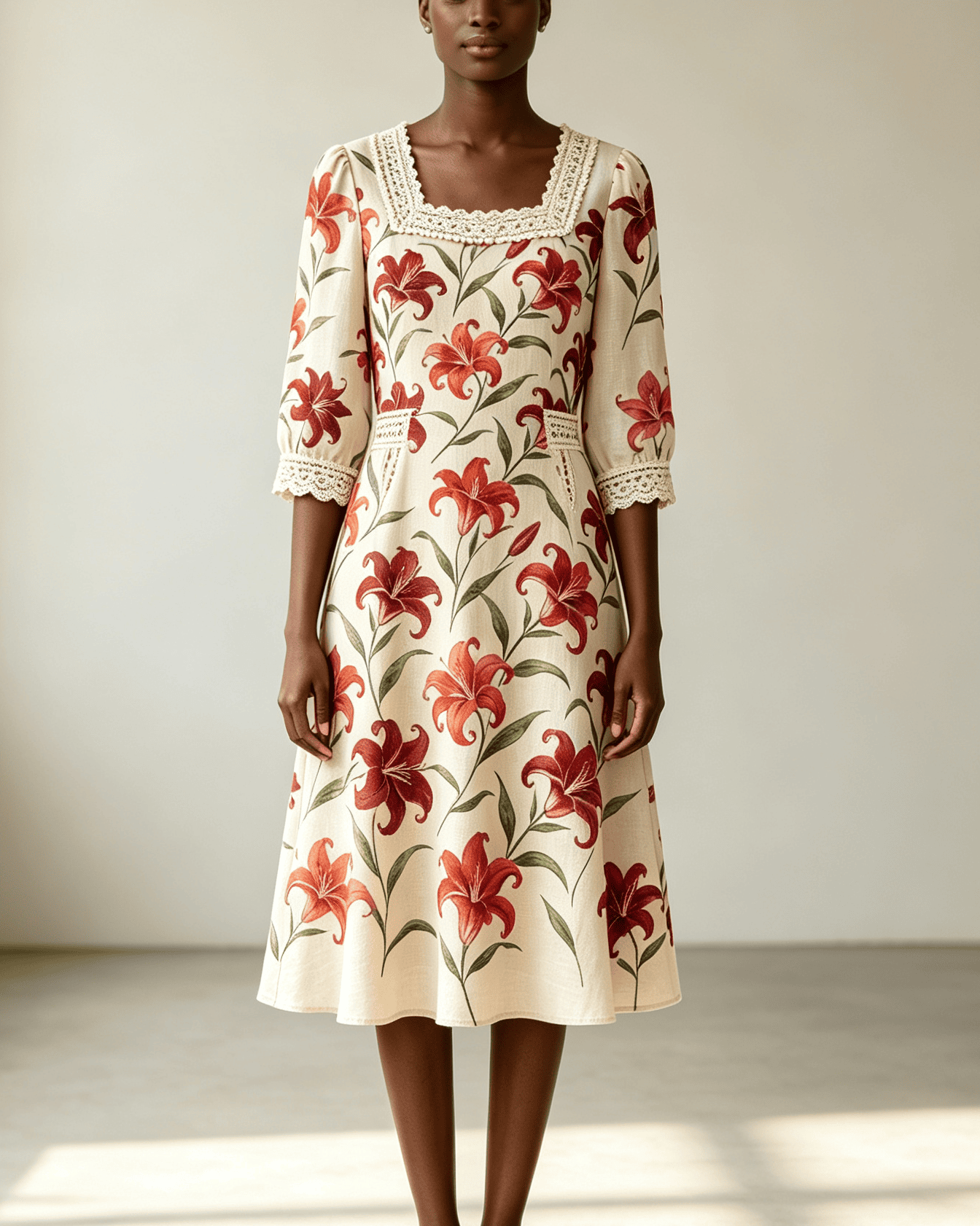 Lily Print Linen‑Blend Midi Dress With Lace & Pearl Trims