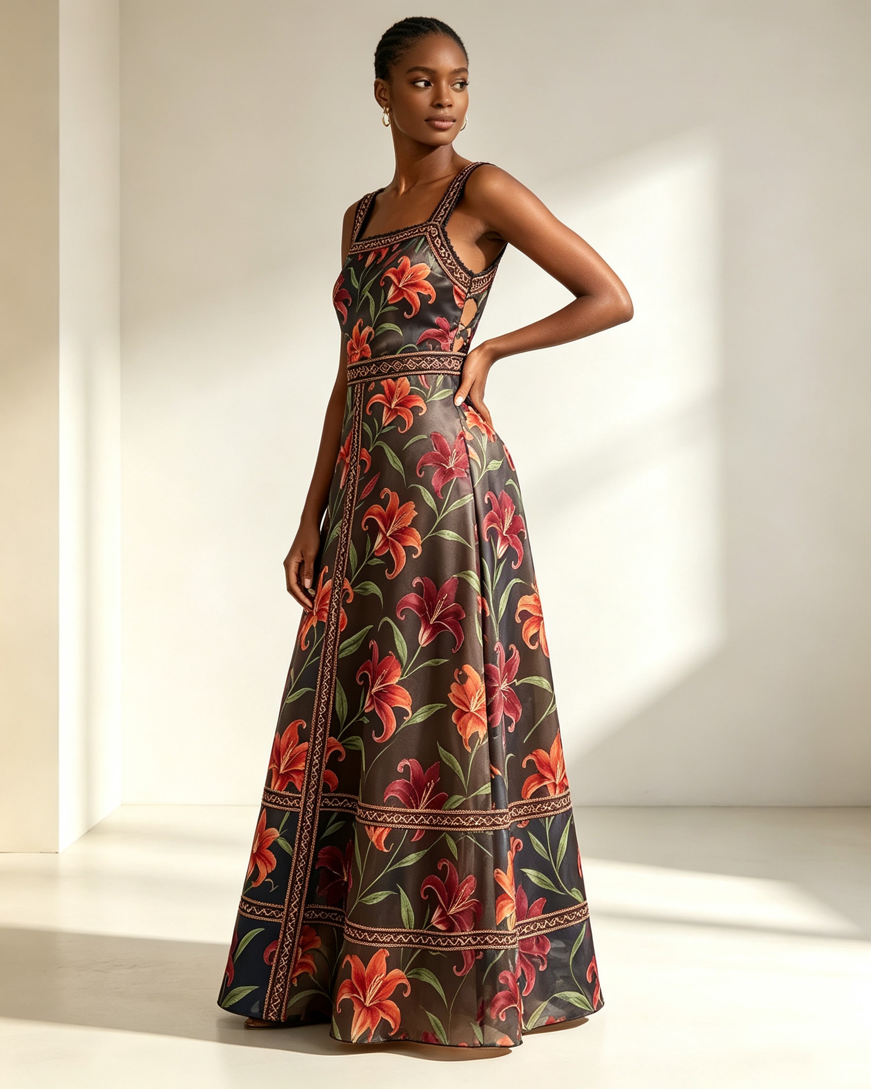 Midnight Lily Print Cutwork Embroidery Midi Dress - Image 2