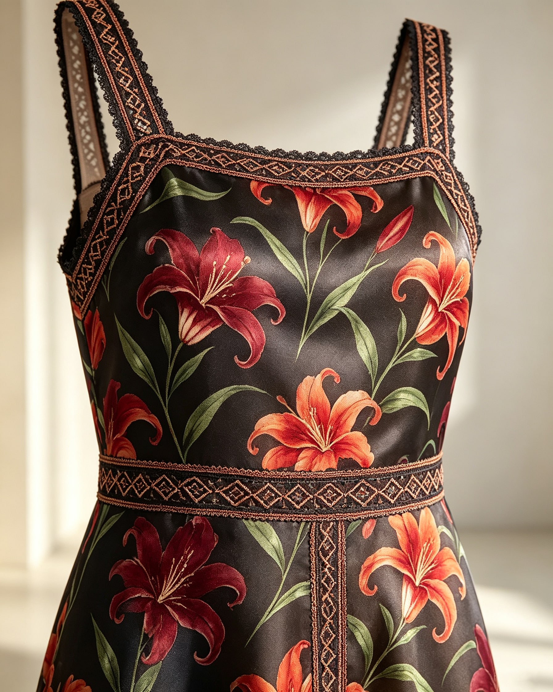 Midnight Lily Print Cutwork Embroidery Midi Dress - Image 5