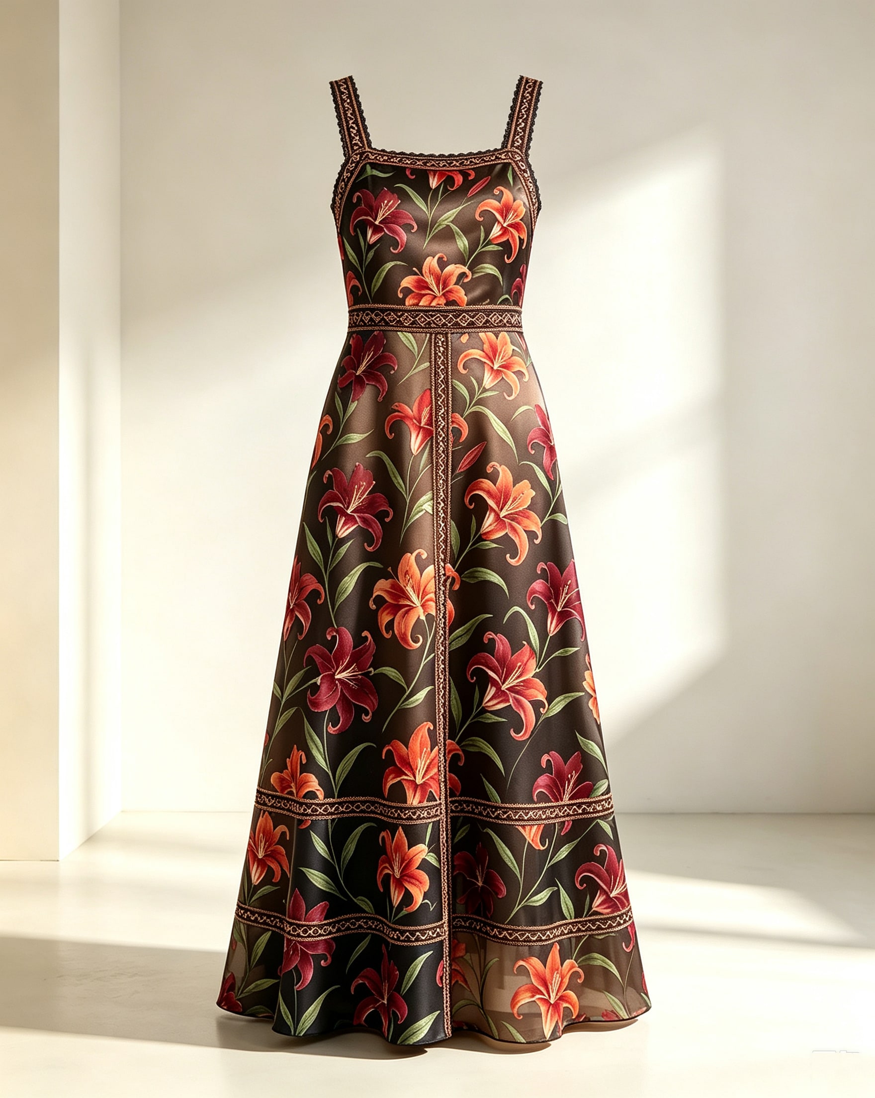 Midnight Lily Print Cutwork Embroidery Midi Dress - Image 4