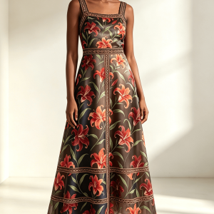 Midnight Lily Print Cutwork Embroidery Midi Dress
