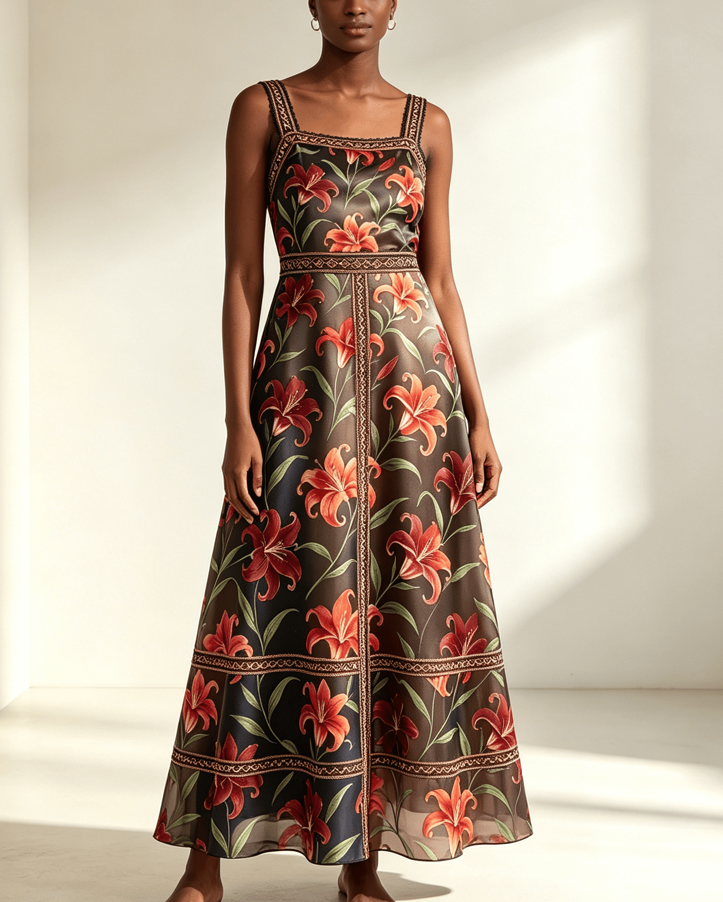 Midnight Lily Print Cutwork Embroidery Midi Dress