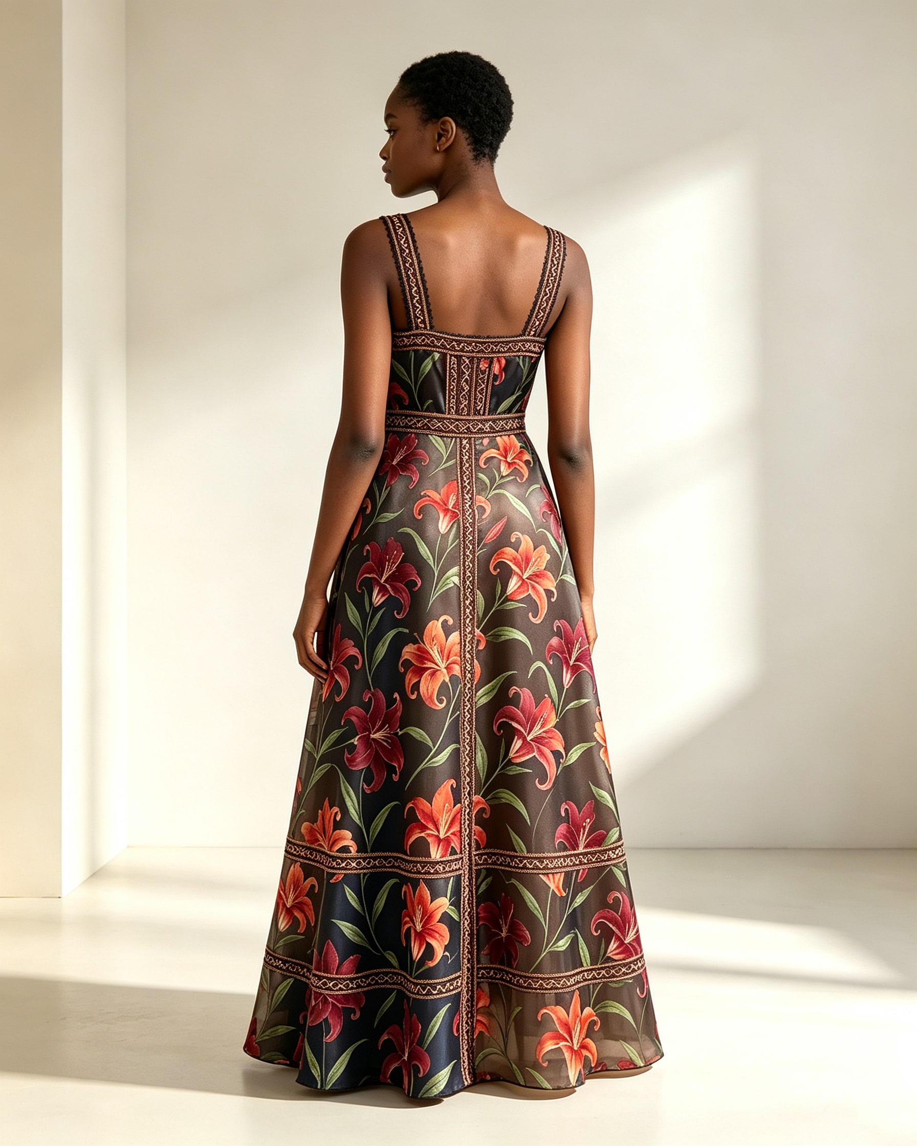 Midnight Lily Print Cutwork Embroidery Midi Dress - Image 3