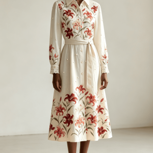 Hand Botanical Lily Print Appliqué Shirt Midi Dress