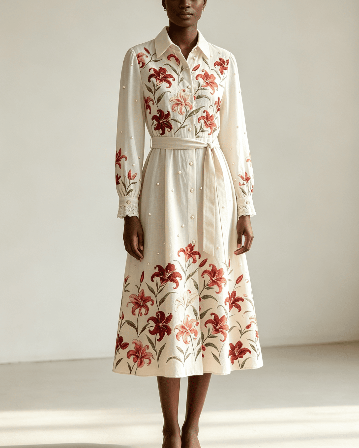 Hand Botanical Lily Print Appliqué Shirt Midi Dress
