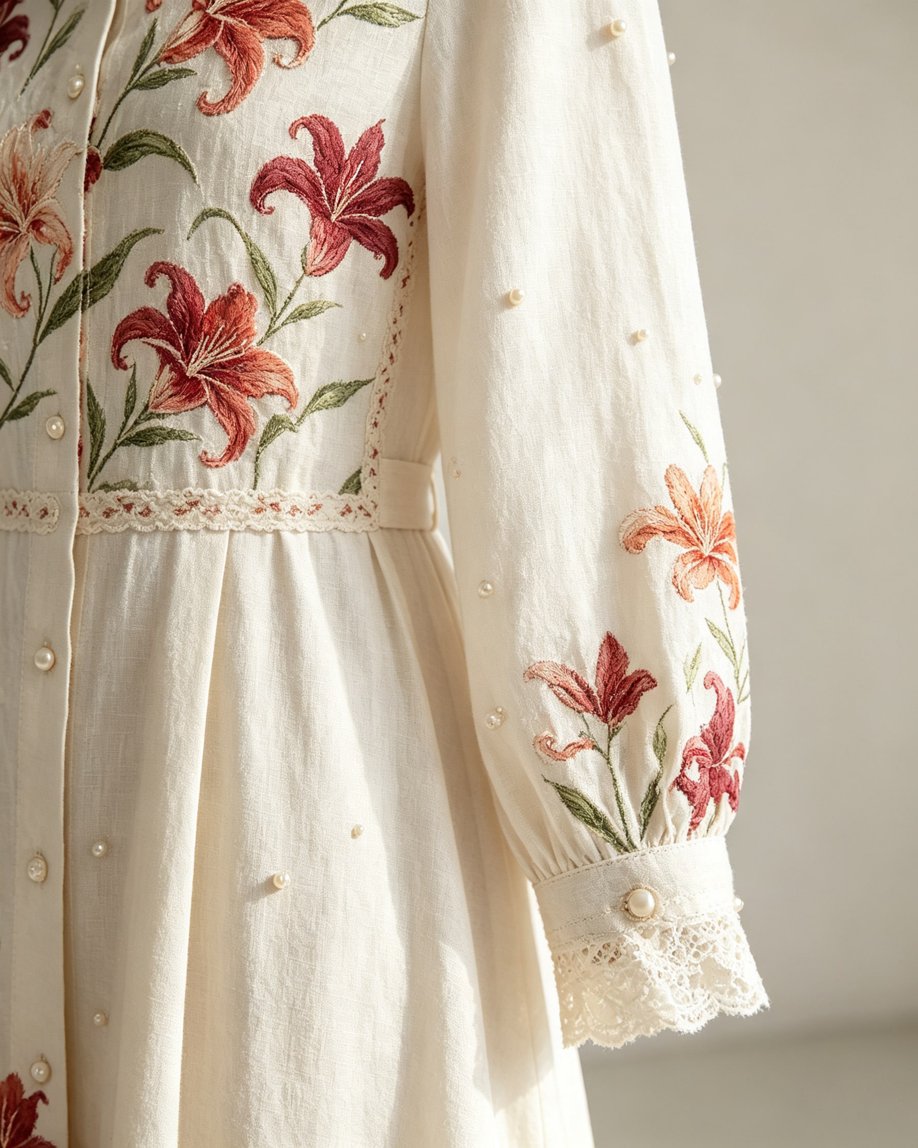 Hand Botanical Lily Print Appliqué Shirt Midi Dress - Image 2