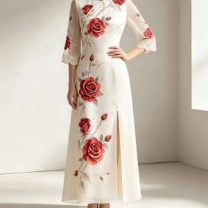 Rose Print Cheongsam‑Inspired Chiffon Midi Dress