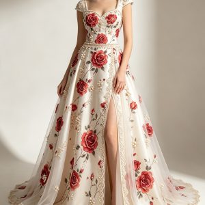 Rose & Pearl Embellished Satin Evening Gown