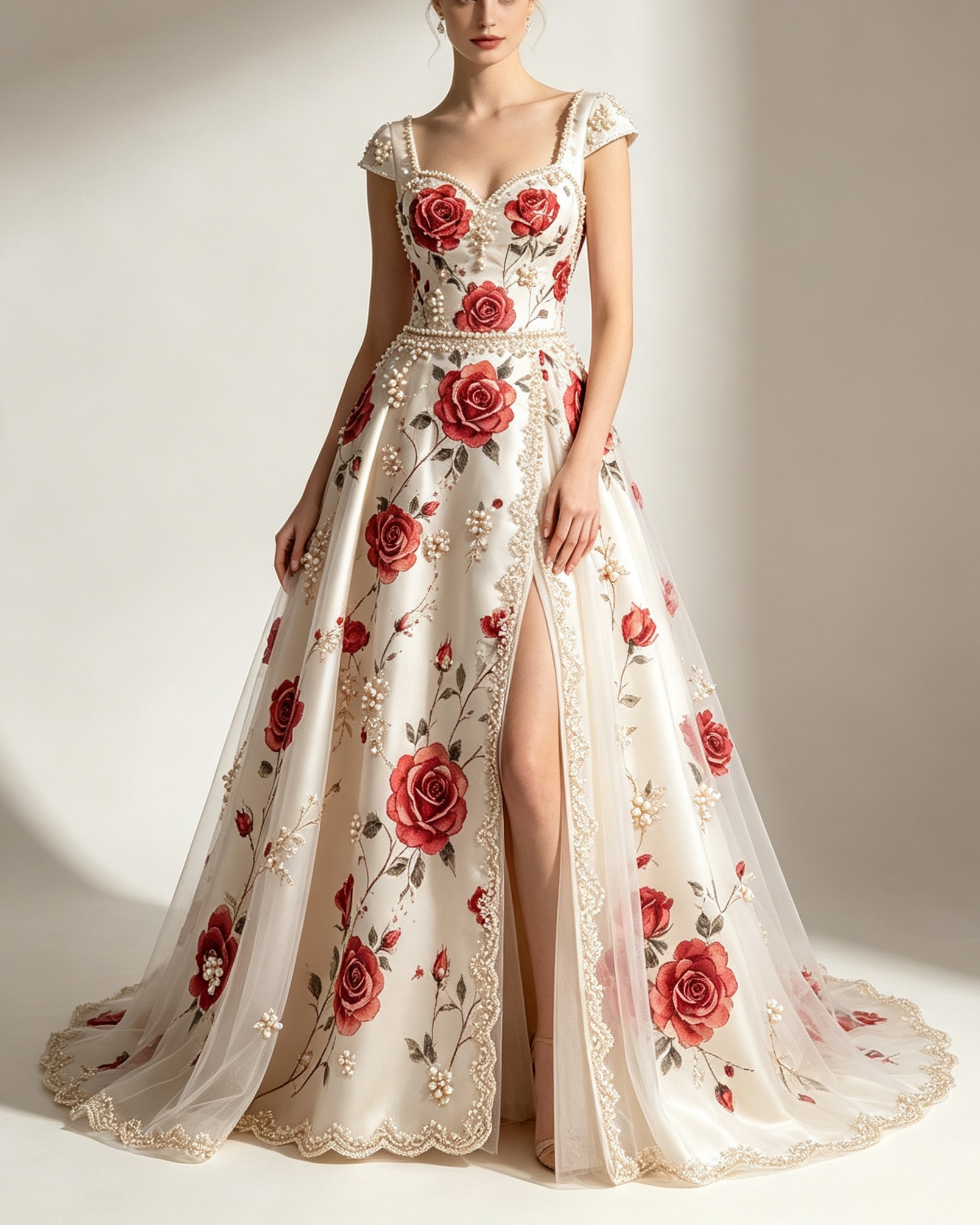 Rose & Pearl Embellished Satin Evening Gown