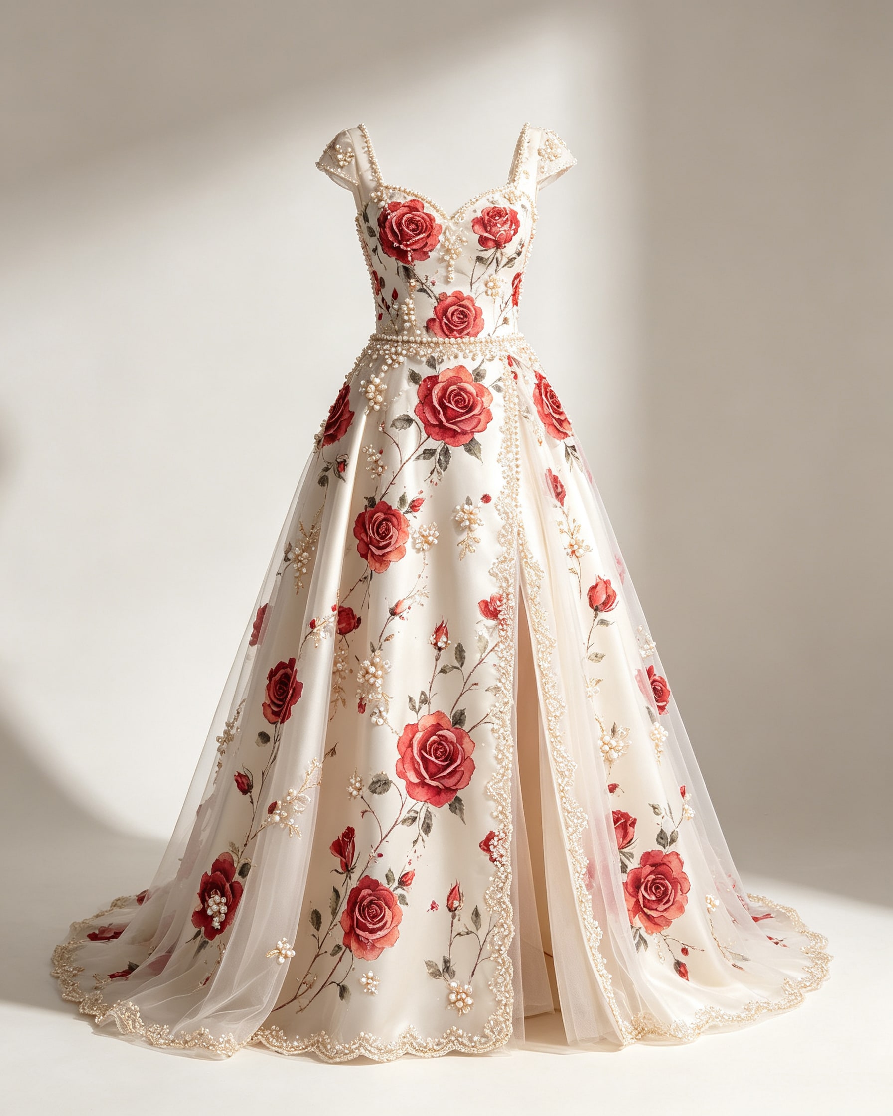 Rose & Pearl Embellished Satin Evening Gown - Image 4