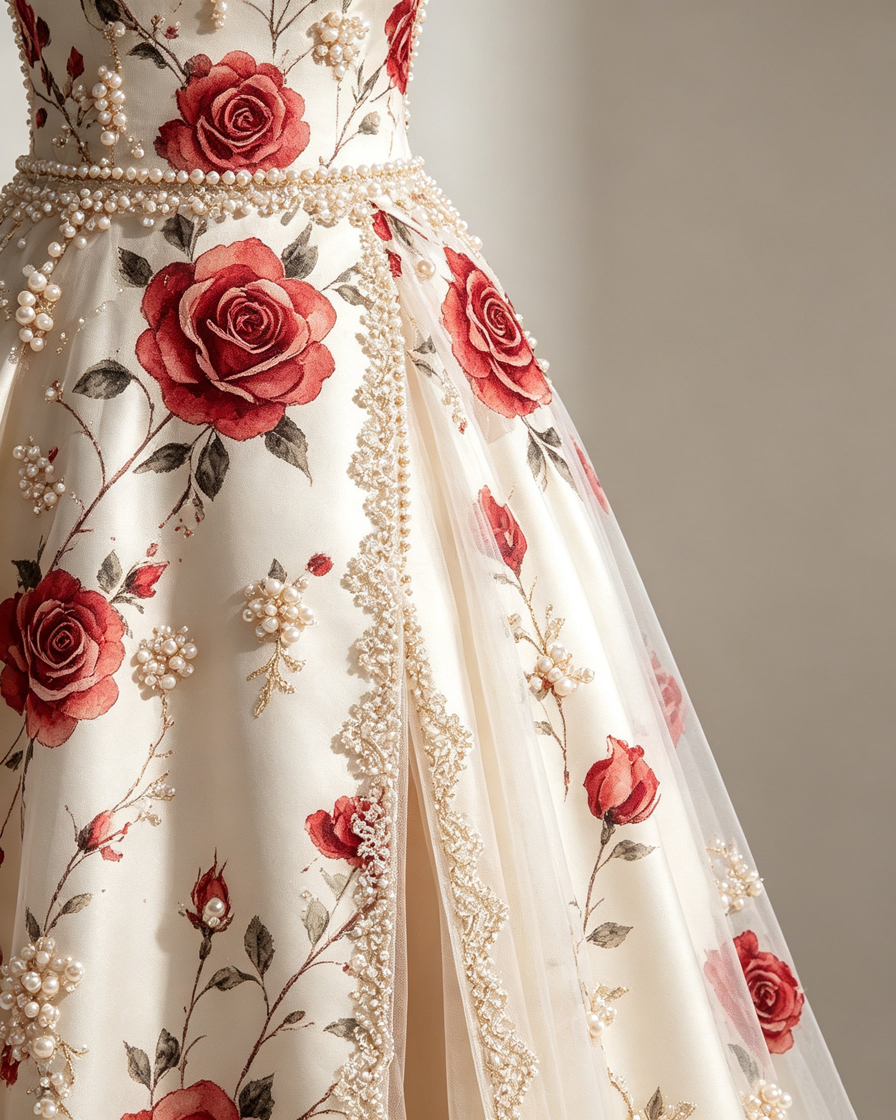 Rose & Pearl Embellished Satin Evening Gown - Image 5