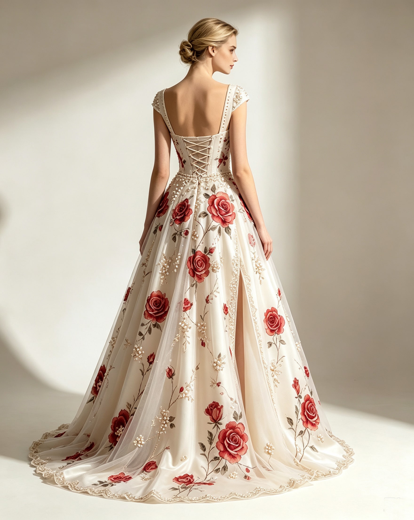Rose & Pearl Embellished Satin Evening Gown - Image 3