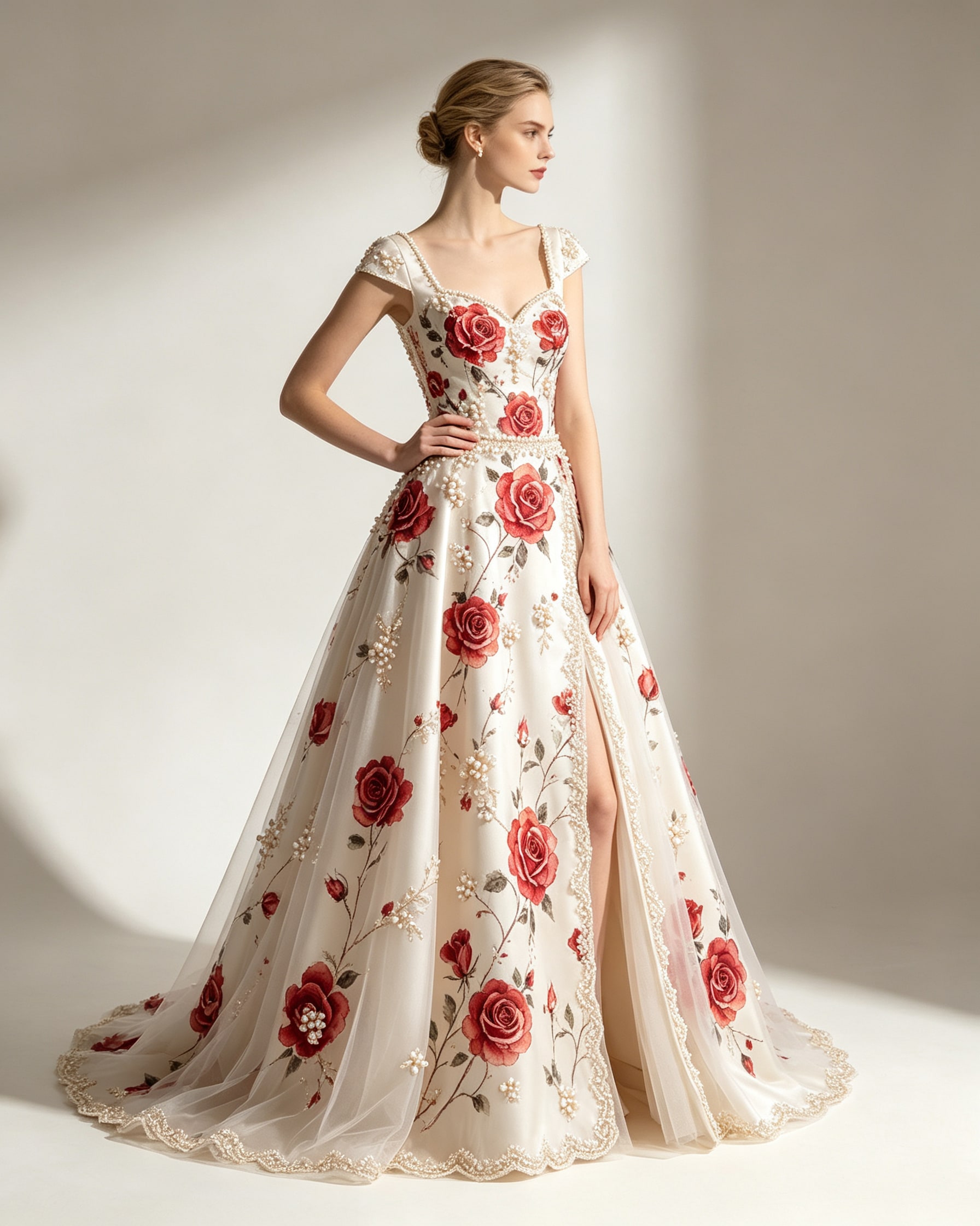 Rose & Pearl Embellished Satin Evening Gown - Image 2