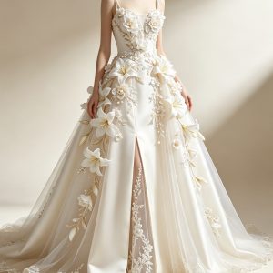 Lily 3D Floral Appliqué Satin Evening Gown