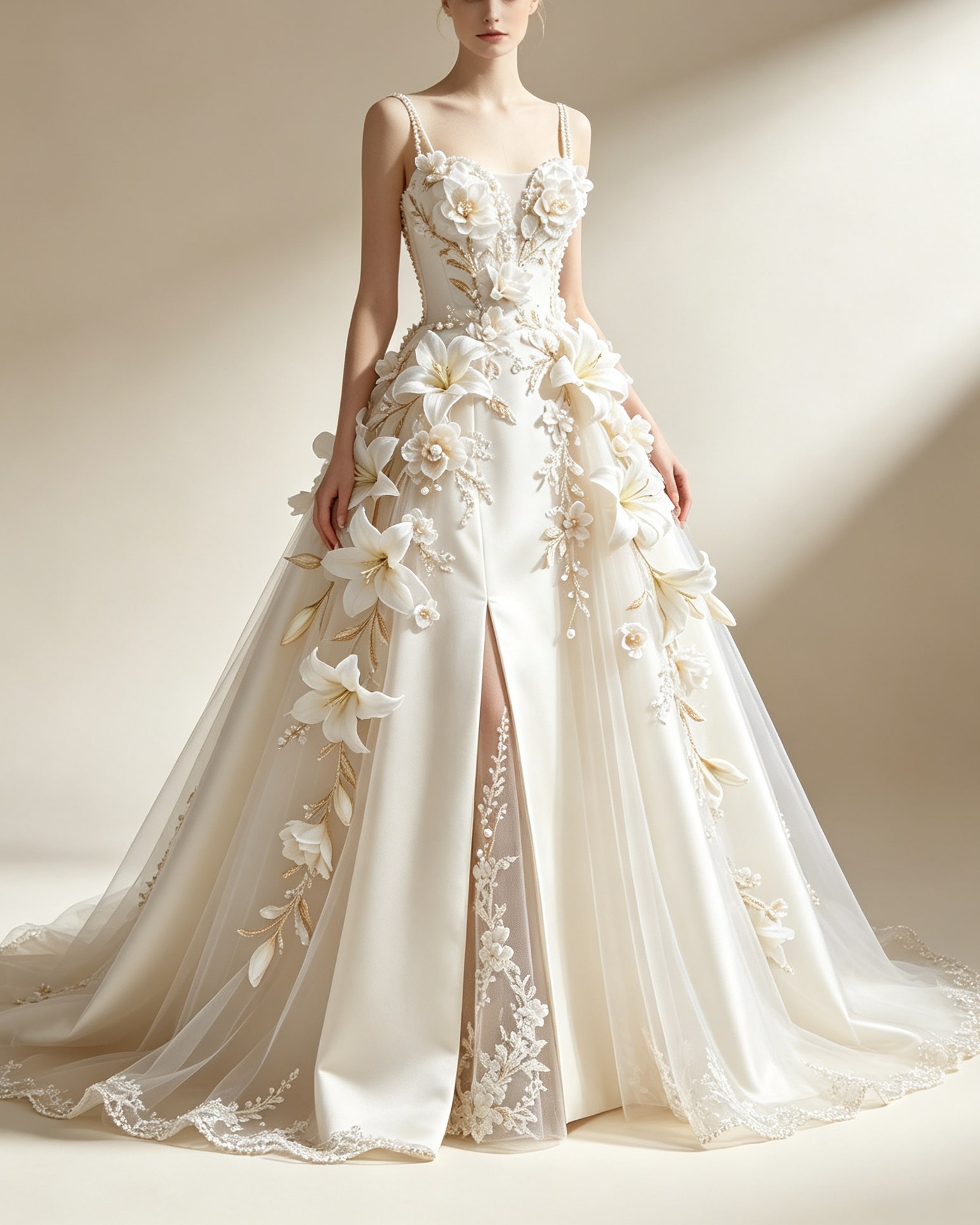 Lily 3D Floral Appliqué Satin Evening Gown