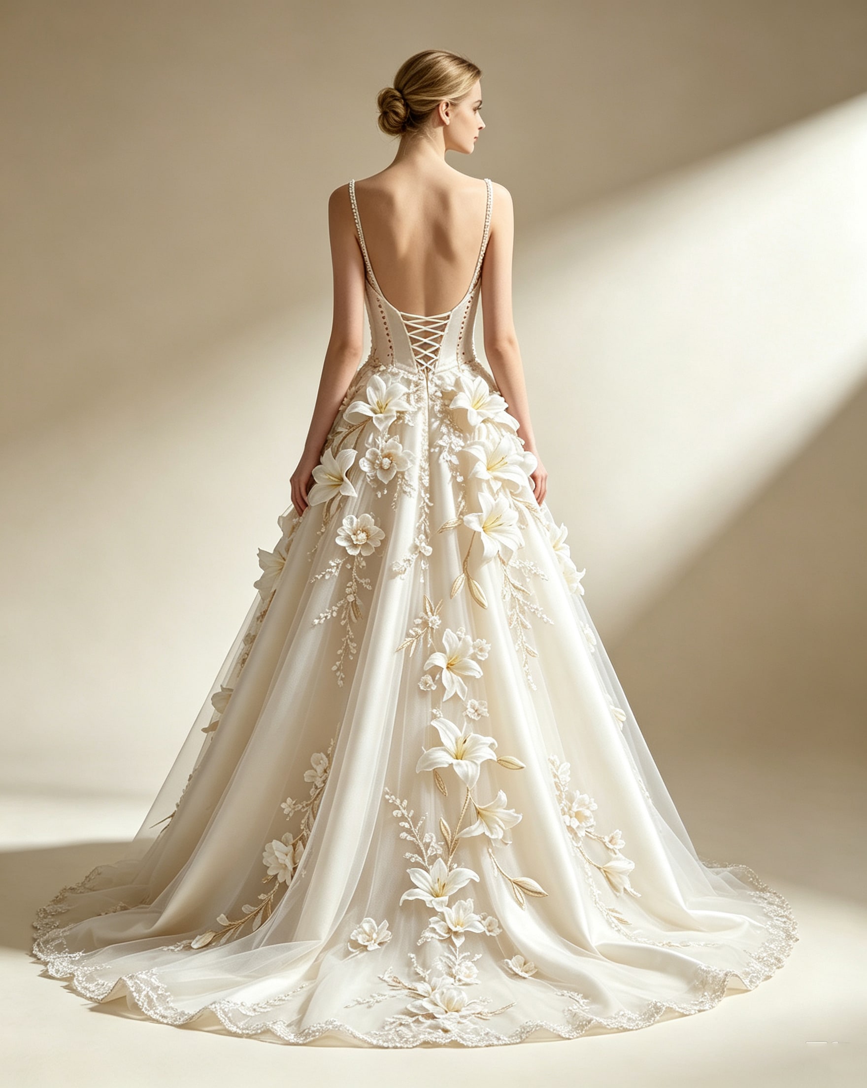Lily 3D Floral Appliqué Satin Evening Gown - Image 3