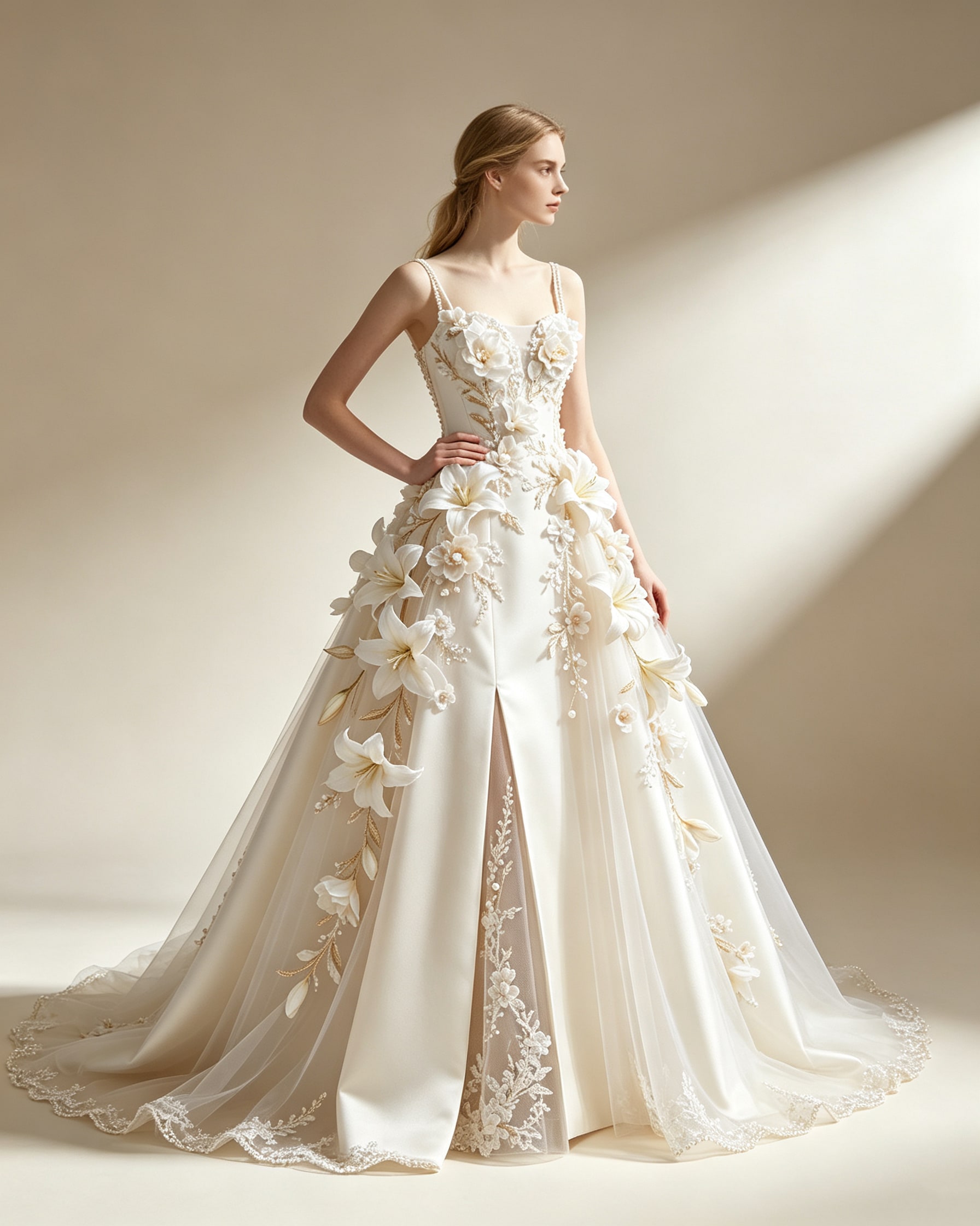 Lily 3D Floral Appliqué Satin Evening Gown - Image 2