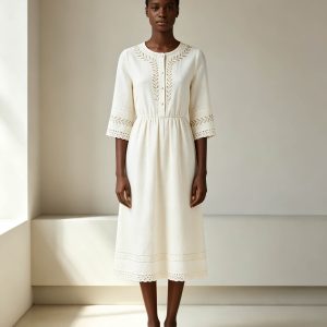 Ivory Linen-Blend Midi Dress with Water-Soluble Embroidered Lace