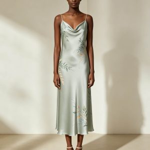 Sage Satin Slip Dress with Hand Botanical Print