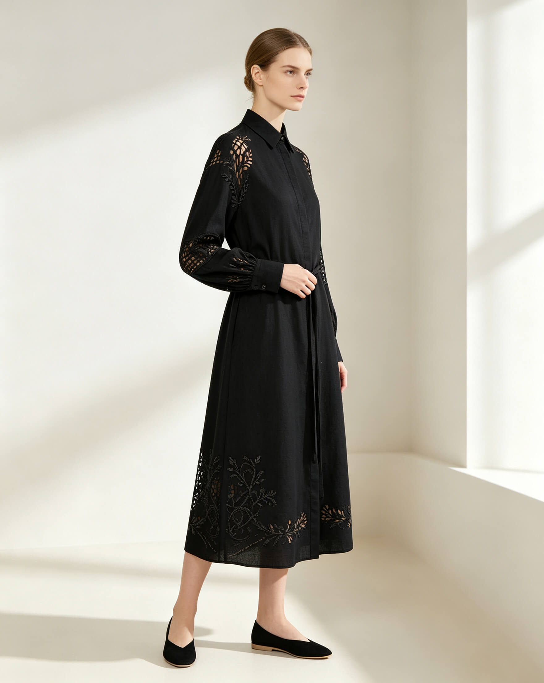 Fog Black Cotton-Linen Shirt Dress with Cutwork Embroidery - Image 2