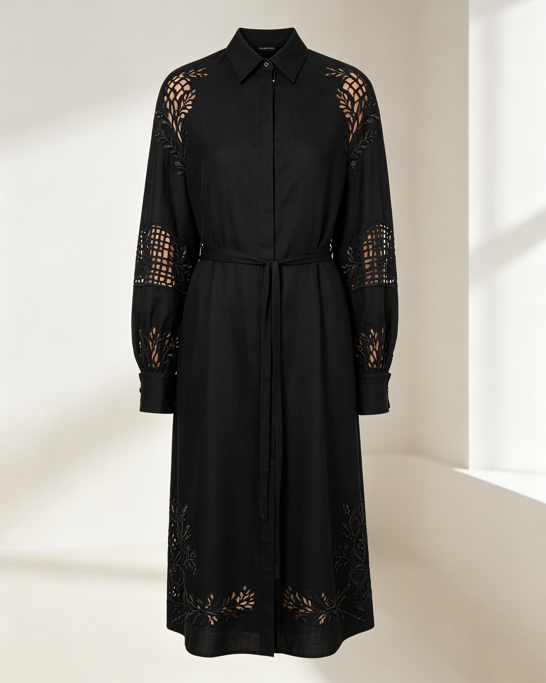 Fog Black Cotton-Linen Shirt Dress with Cutwork Embroidery - Image 4