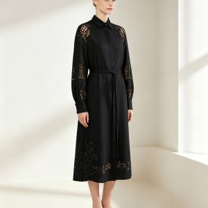 Fog Black Cotton-Linen Shirt Dress with Cutwork Embroidery