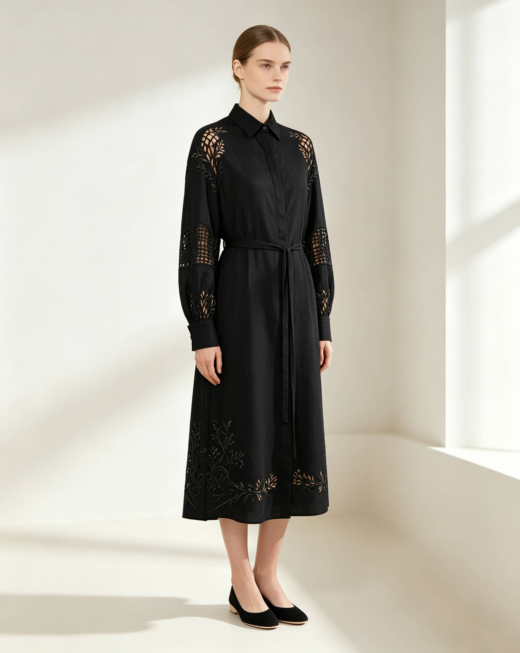 Fog Black Cotton-Linen Shirt Dress with Cutwork Embroidery