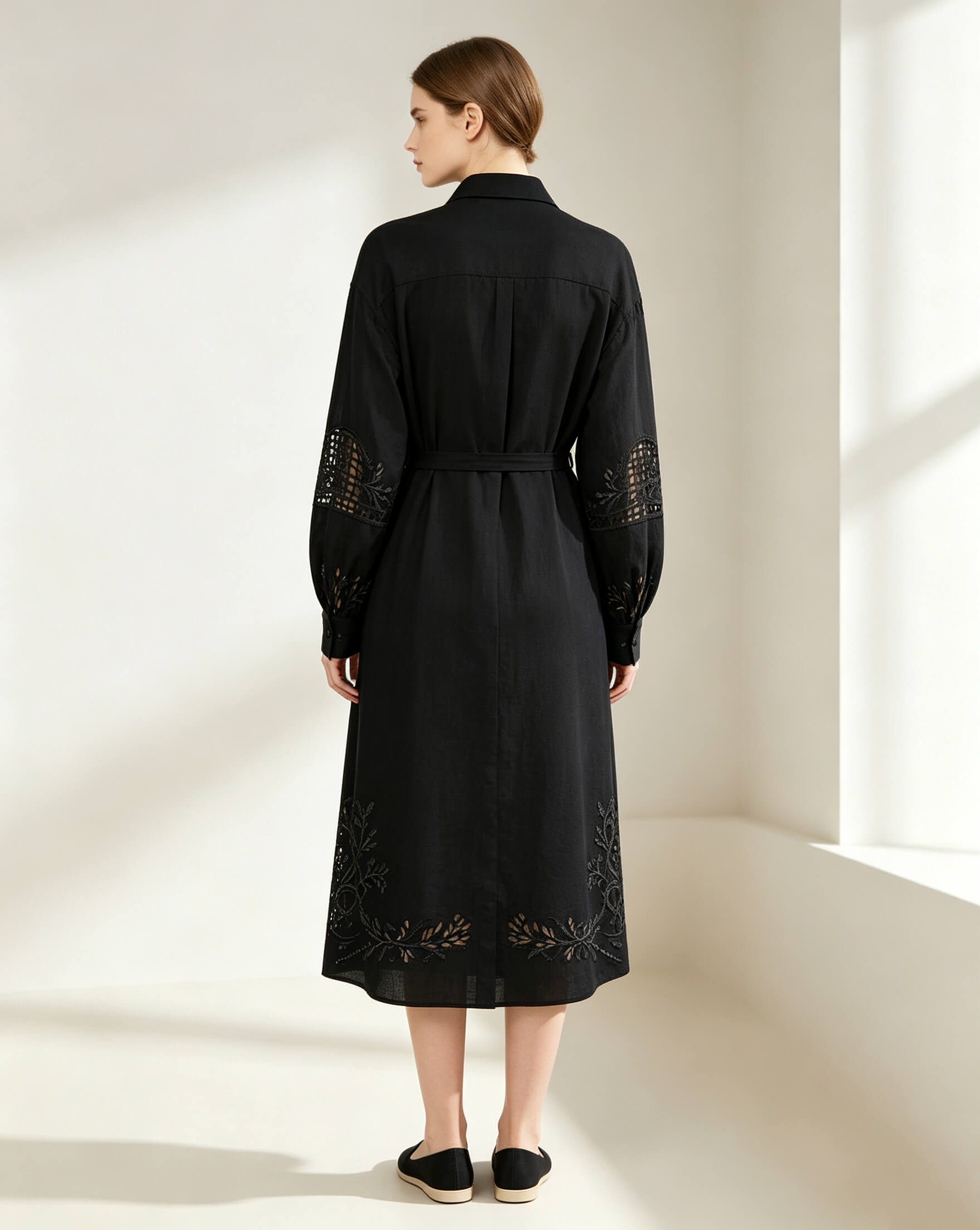 Fog Black Cotton-Linen Shirt Dress with Cutwork Embroidery - Image 3
