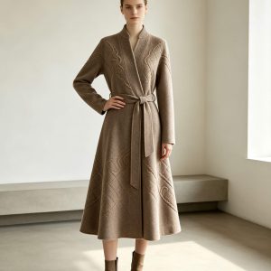 Deep Oatmeal Wool-Blend Wrap Dress with Hand Quilting
