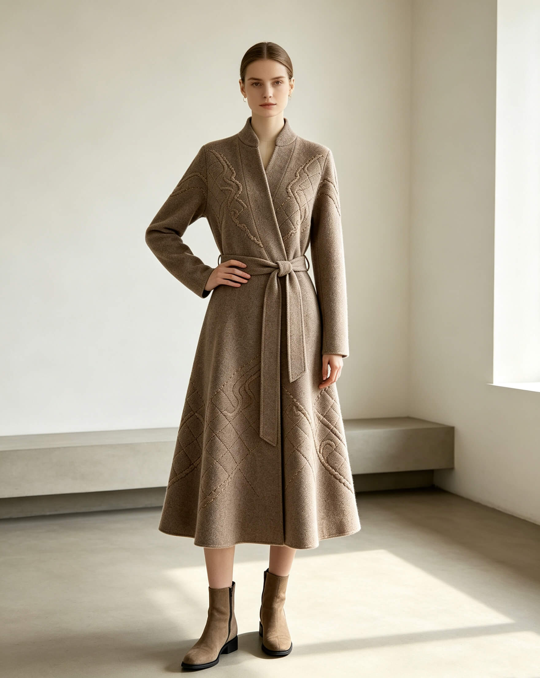 Deep Oatmeal Wool-Blend Wrap Dress with Hand Quilting