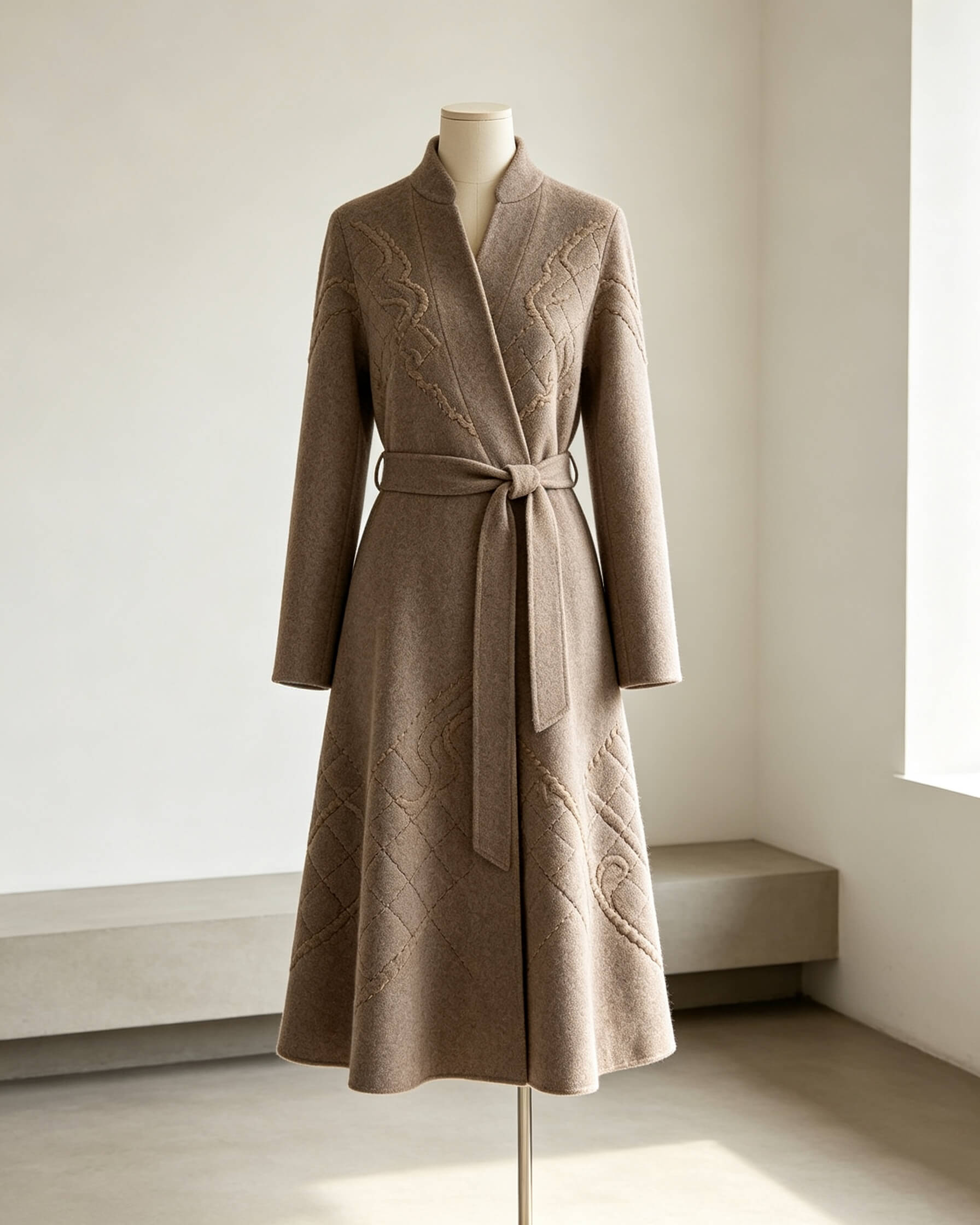 Deep Oatmeal Wool-Blend Wrap Dress with Hand Quilting - Image 4
