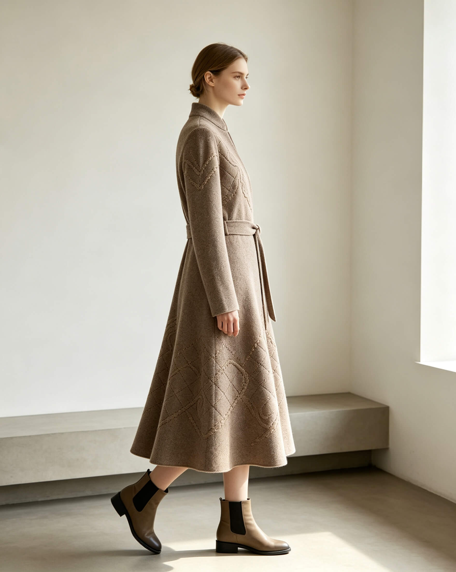 Deep Oatmeal Wool-Blend Wrap Dress with Hand Quilting - Image 2
