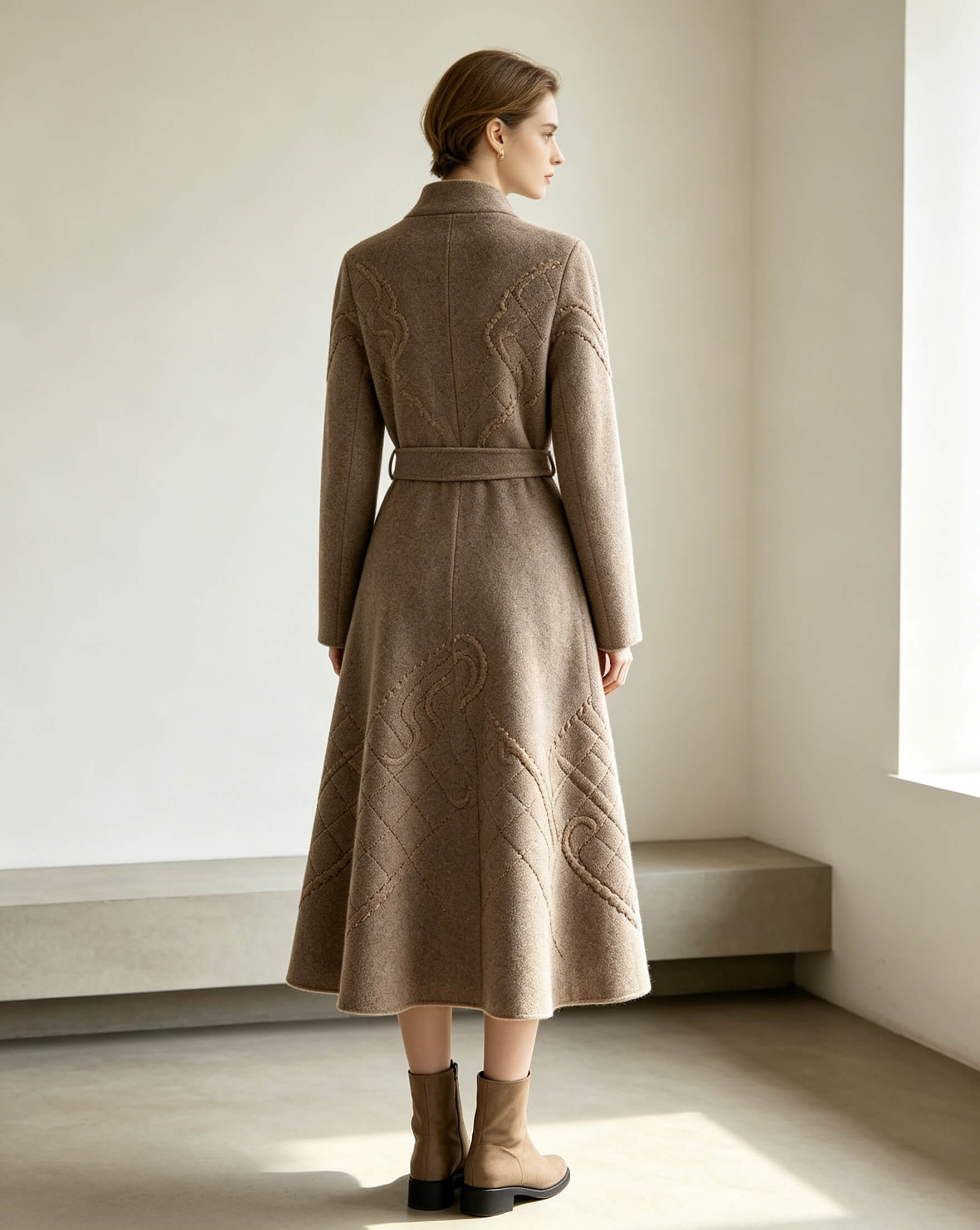 Deep Oatmeal Wool-Blend Wrap Dress with Hand Quilting - Image 3
