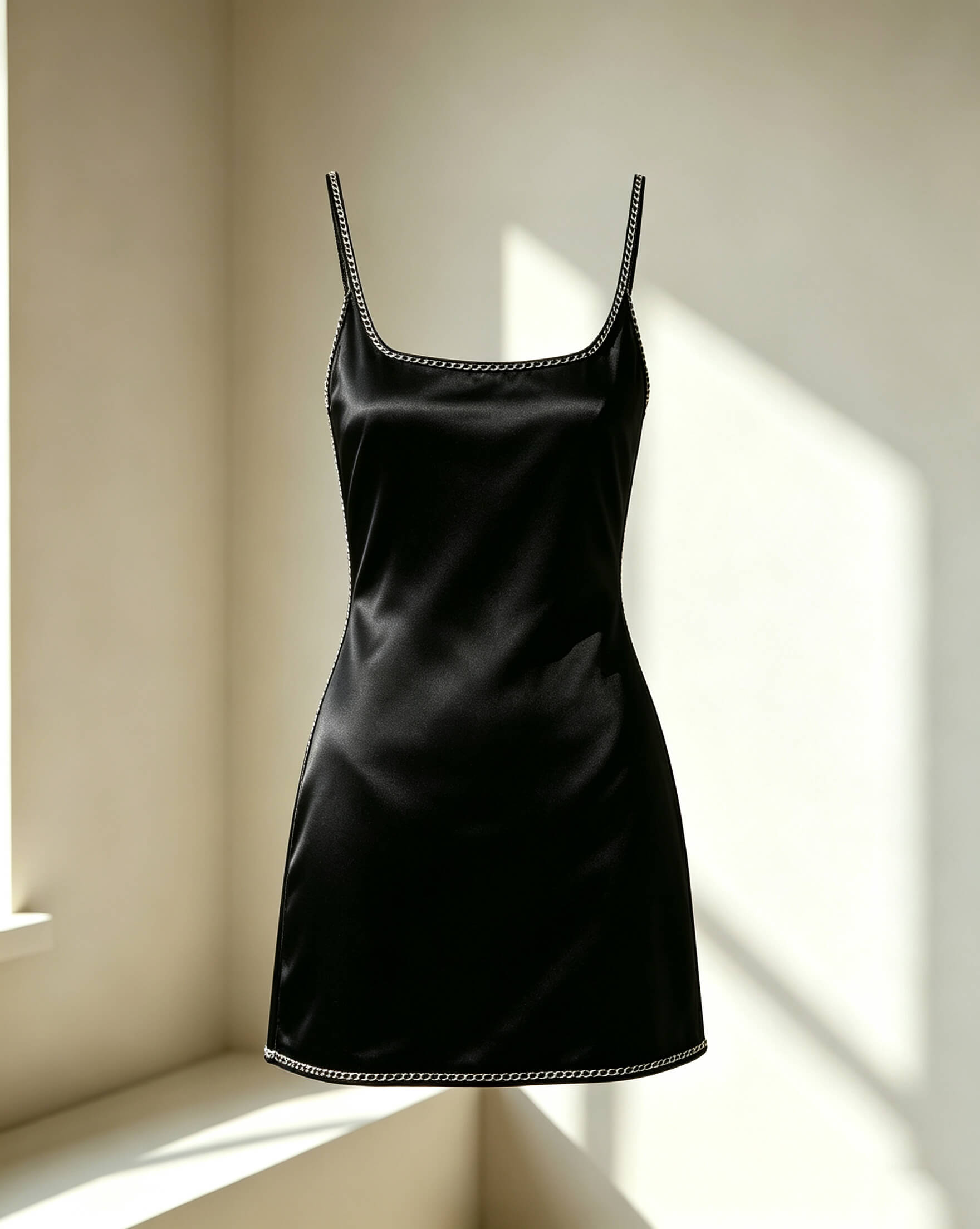 Black Satin Mini Dress with Metal Chain Trimming - Image 4
