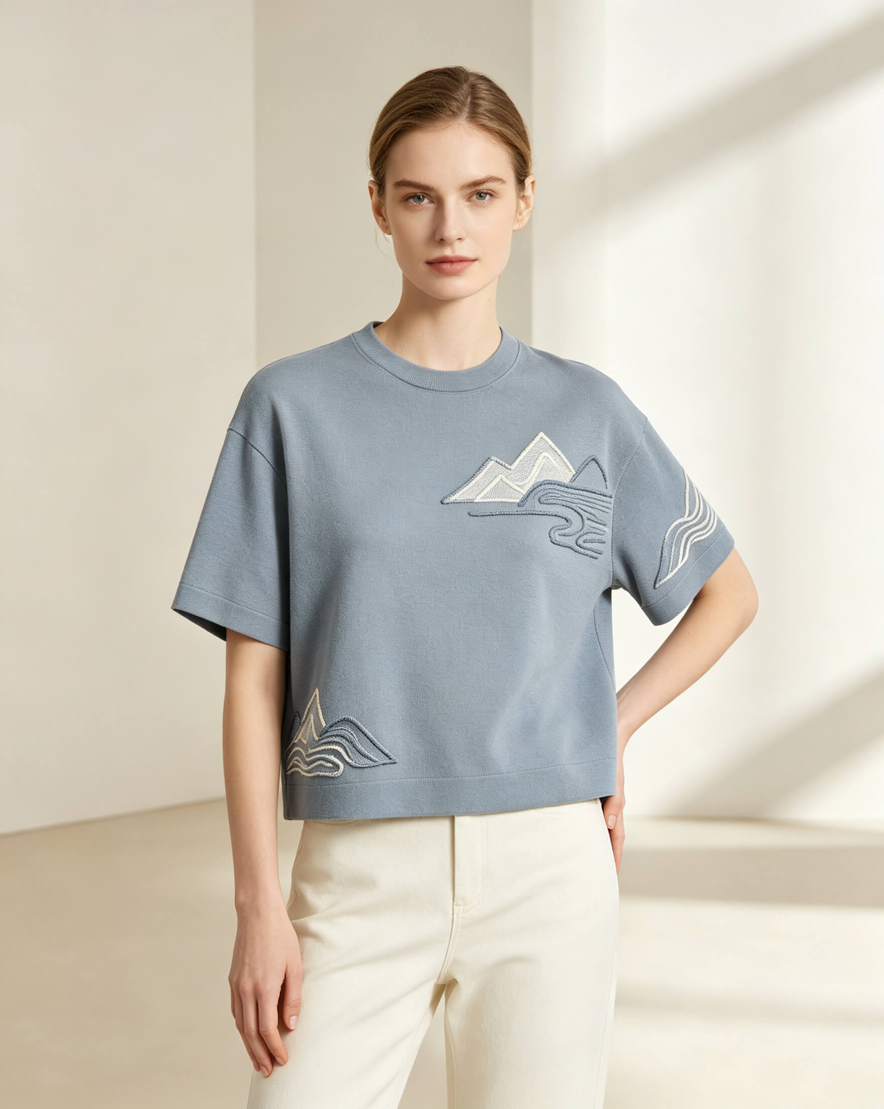 Ash Blue Heavy Cotton Tee with 3D Puff Embroidery
