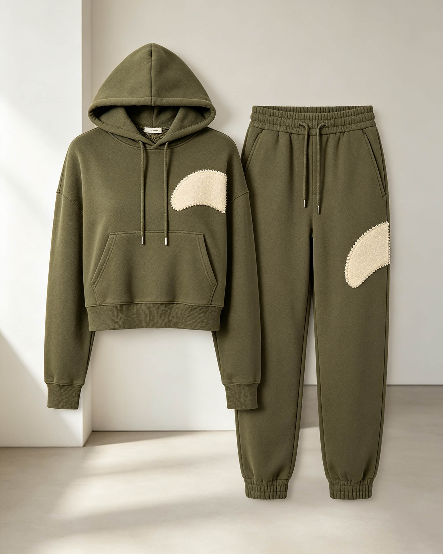 Olive Heavyweight Hoodie Set with Appliqué Embroidery - Image 4