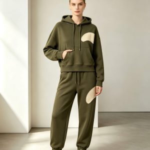 Olive Heavyweight Hoodie Set with Appliqué Embroidery