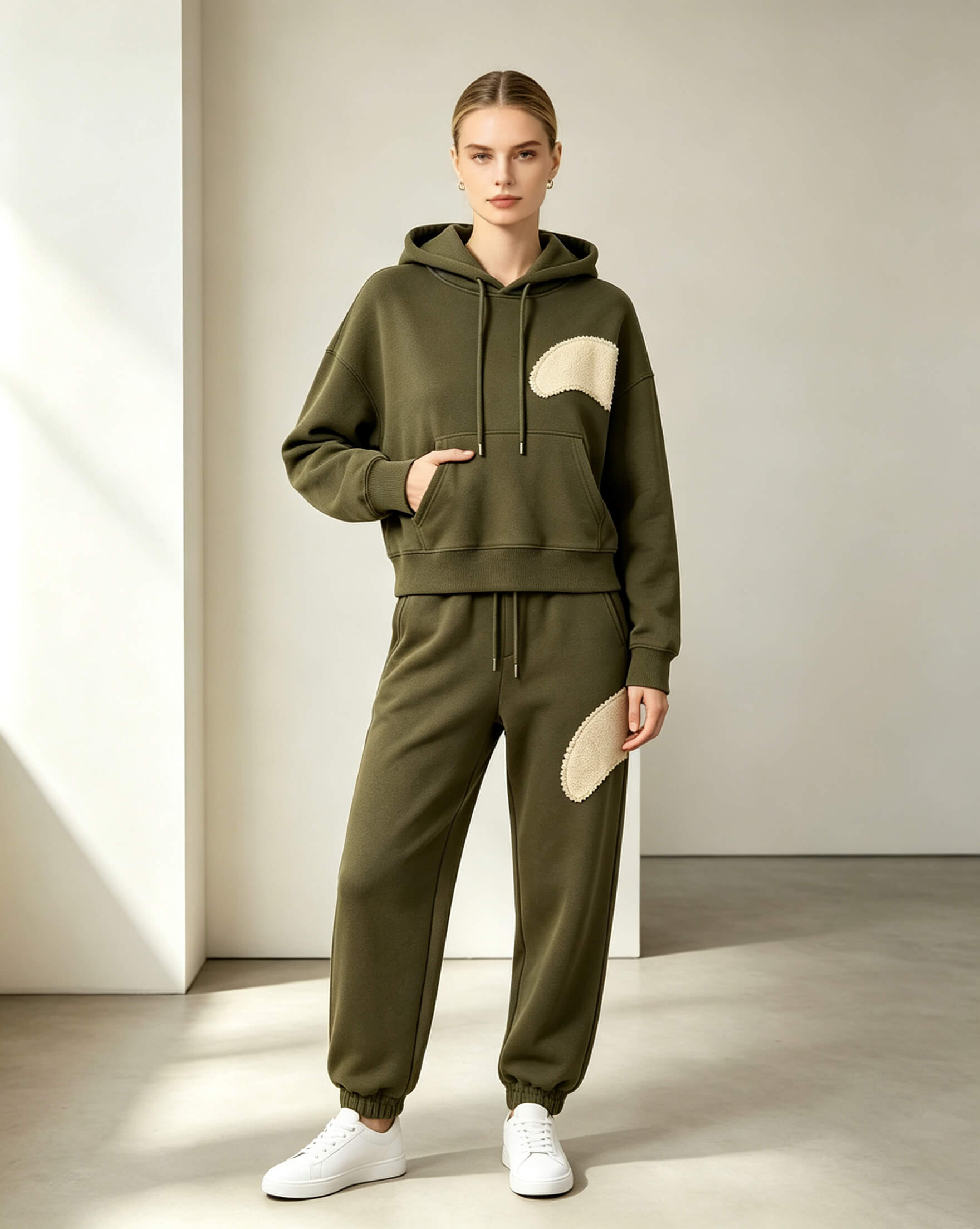 Olive Heavyweight Hoodie Set with Appliqué Embroidery