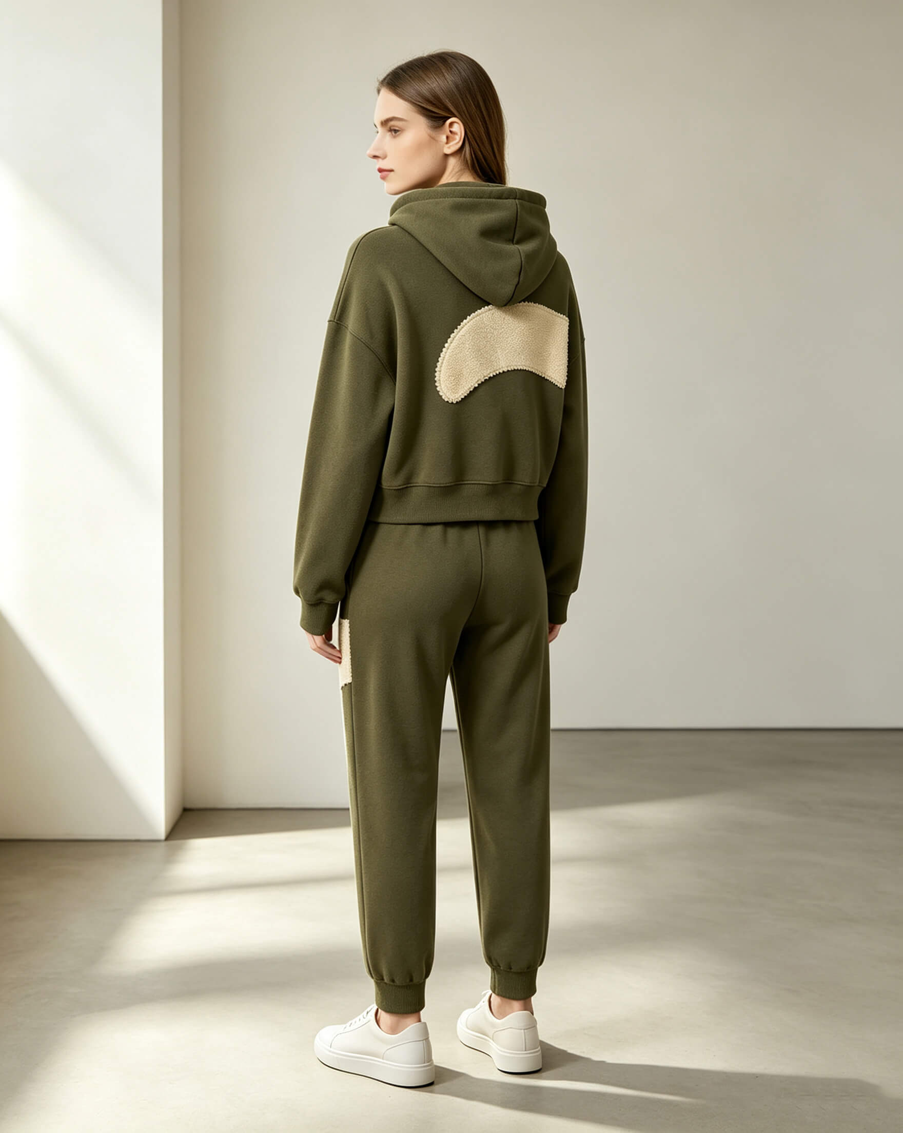 Olive Heavyweight Hoodie Set with Appliqué Embroidery - Image 3